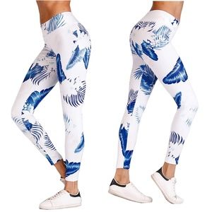 White and Blue Hawaiian Fern & Floral Leggings